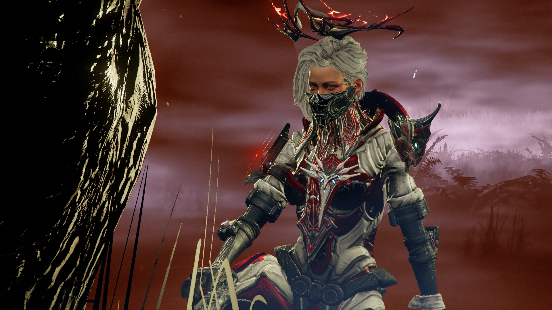 A white-haired Warframe character in red, white, and black armor against a crimson landscape.