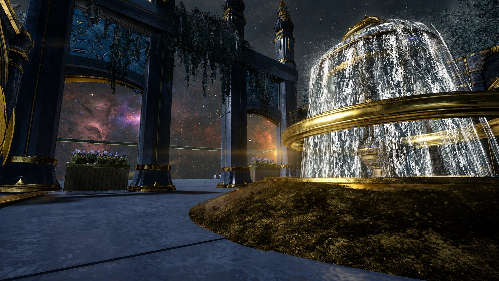 An ornate gold fountain surrounded by flowers in The Azure Garden dojo.