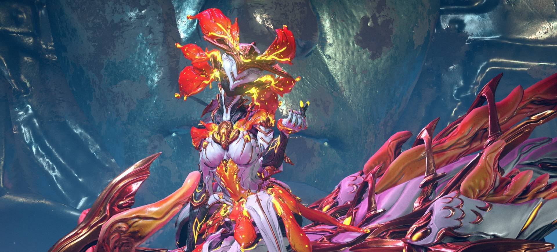A red, orange, and white Warframe posed beside a matching companion.
