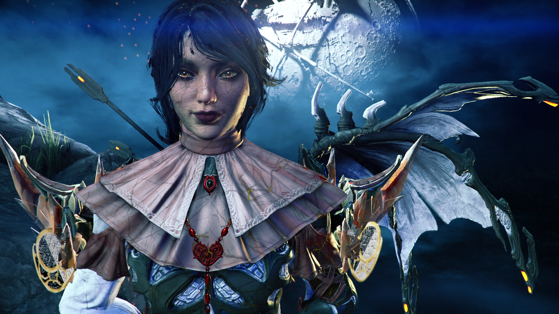 A Warframe character portrait beneath a bright moon in a blue night sky.